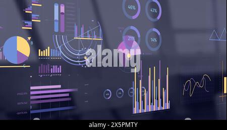 Image of interface with statistical data processing against empty office Stock Photo