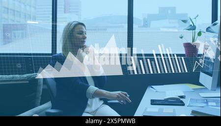 Image of statistical data processing against thoughtful caucasian woman at office Stock Photo