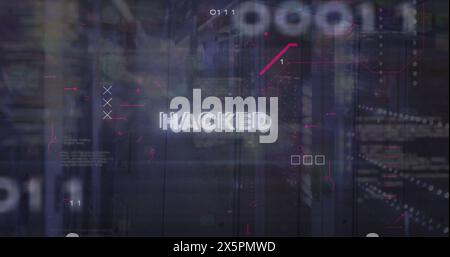 Image of hacked text, binary codes and computer language, circuit board pattern over server room Stock Photo