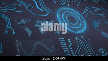 Image of interface with neon round scanner, world map and data processing on grey background Stock Photo