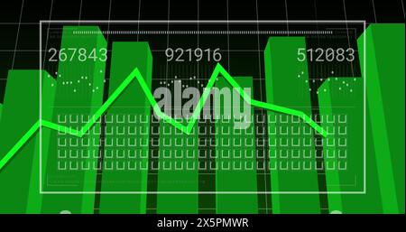 Image of graphs, changing numbers, loading bar, squares over grid pattern and graphs Stock Photo