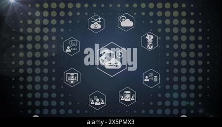 Image of icon in hexagons over circles, dots and lens flares on abstract background Stock Photo
