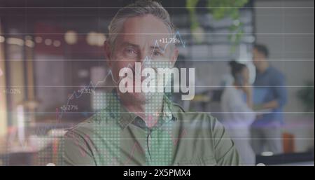 Image of statistical data processing, numbers over portrait of caucasian man smiling at office Stock Photo