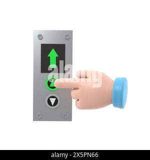 Businessman presses the lift button. 3d illustration flat design.Call elevator. Up arrow. Rise to the top floor. Finger on the button.3D rendering on Stock Photo
