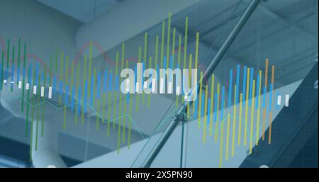 Image of multiple graphs over staircase and ceiling of office Stock Photo