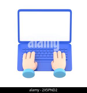 Cartoon Gesture Icon Mockup.Hands in work at laptop keyboard with blank monitor screen at table. Work place at home.3d illustration.3D rendering on wh Stock Photo
