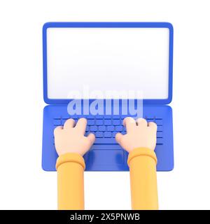 Cartoon Gesture Icon Mockup.Hands in work at laptop keyboard with blank monitor screen at table. Work place at home.3d illustration.3D rendering on wh Stock Photo
