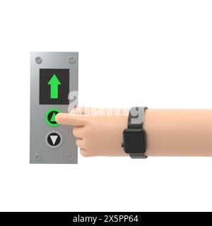 Businessman presses the lift button. 3d illustration flat design.Call elevator. Up arrow. Rise to the top floor. Finger on the button.3D rendering on Stock Photo