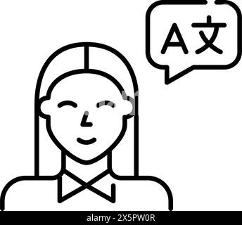 Bilingual person speaking several languages. Woman and translation speech bubble. Pixel perfect, editable stroke vector icon Stock Vector