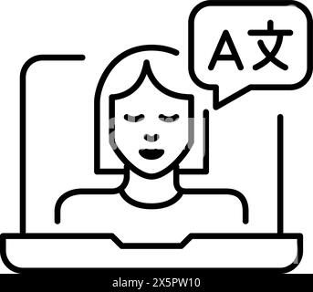 Woman with languages symbol speech bubble on laptop video call. Languages coach online lessons. Pixel perfect, editable stroke vector icon Stock Vector