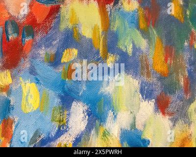 Abstract art background with vibrant colors. Watercolor painting with blue, red and yellow brush strokes. Fragment of artwork on paper with pattern. T Stock Photo