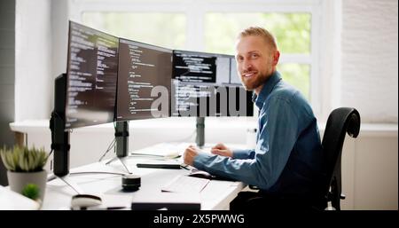 Web Developer Coding On Computer To Develop Code Stock Photo