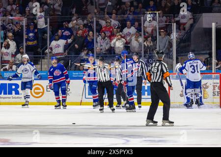 May 10th, 2024: Referee Beau Halides (48) waves off a Rochester Americans goal in the first period. The Rochester Americans hosted the Syracuse Crunch in Game 5 of the American Hockey League Northeast Division Semifinals at Blue Cross Arena in Rochester, New York. (Jonathan Tenca/CSM) Credit: Cal Sport Media/Alamy Live News Stock Photo