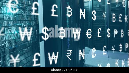 Rows of server racks with glowing currency symbols representing digital money Stock Photo