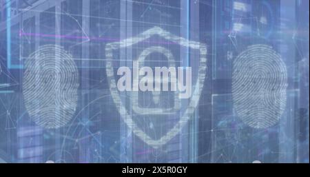 Image of lock and shield with fingerprints scanning over connected dots and graphs Stock Photo