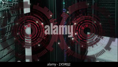Image of two red round scanners spinning against computer server room Stock Photo