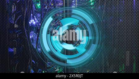 Image of neon blue round scanner spinning against close up of computer server Stock Photo