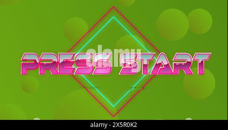 Image of press start text on rhombuses with circles over green background Stock Photo