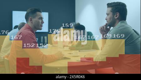 Image of statistical data processing against two diverse men discussing at office Stock Photo