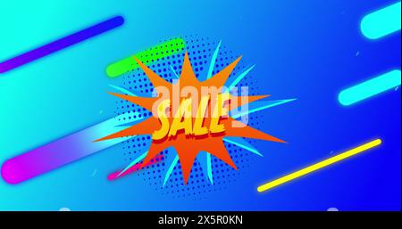 Image of sale text on color splash, dots forming circles, multicolored bars over blue background Stock Photo