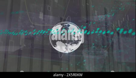 Image of globes, graphs over close up of coffee cup on tablet Stock Photo