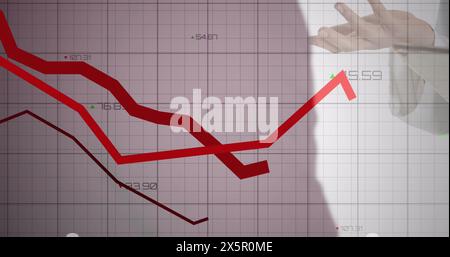 Image of red lines over grid and data processing Stock Photo