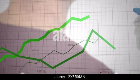 Image of green lines and financial data processing over grid Stock Photo