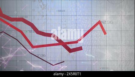 Image of red lines with statistics and data processing over grid Stock Photo