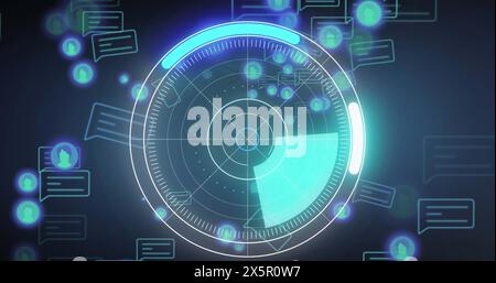 Round scanner over multiple graphs against round scanner and data processing on blue background Stock Photo