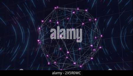 Globe of digital icons and blue light trails spinning against blue background Stock Photo