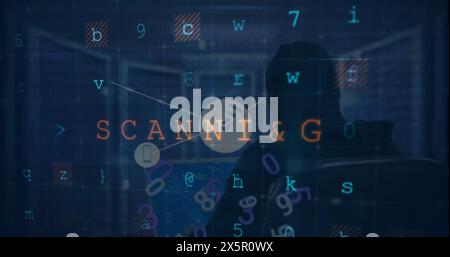 Image of cyberattack text, data processing over network of connections and hacker Stock Photo