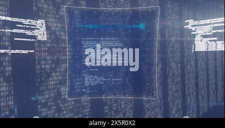 Digital image of multiple screens with data processing against blue background Stock Photo