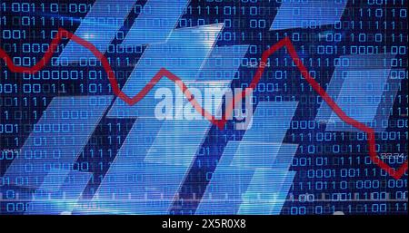 Image of graphs, binary code and navy background Stock Photo