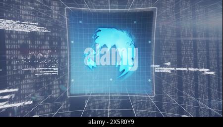 Digital image of multiple screens with data processing against blue background Stock Photo
