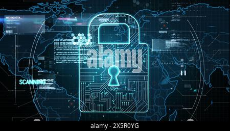 Image of analysis text, data processing over security padlock Stock Photo