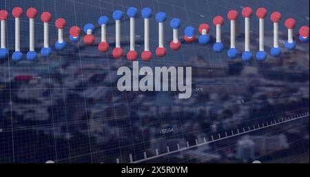 Image of graphs, numbers and dna over dark background Stock Photo