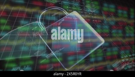 Image of financial data and digital padlock on black background Stock Photo