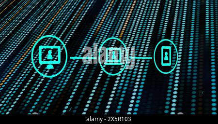 Image of connections with icons over dots moving on black background Stock Photo