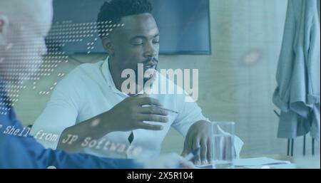 Composition of screen with digital data processing over family using electronic devices Stock Photo
