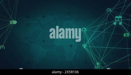 Image of network of connections with icons over world map on green background Stock Photo