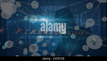 Image of cyberattack text, data processing over network of connections and hacker Stock Photo