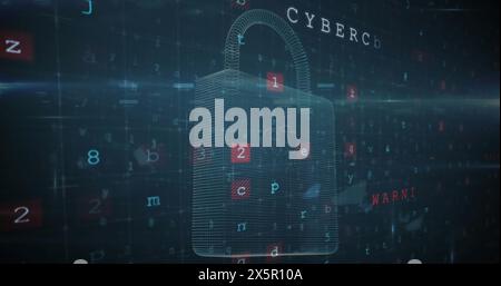Image of cyberattack text, data processing over security padlock Stock Photo