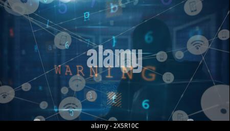 Image of cyberattack text, data processing over network of connections and hacker Stock Photo