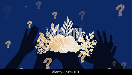 Image of flowers and hands over question marks Stock Photo
