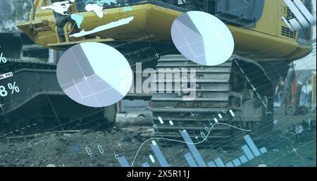 Image of multicolored infographic interface over piled up metal scrap in scrapyard Stock Photo