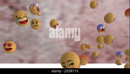 Digital image of multiple face emojis floating over against texture on brown background Stock Photo