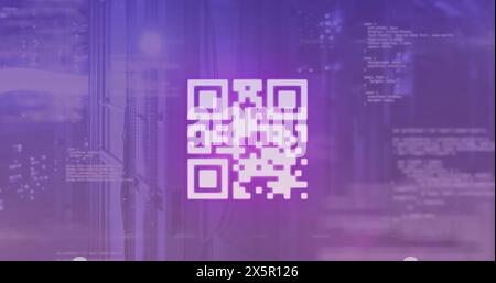 Image of qr code and programming language over server room in background Stock Photo