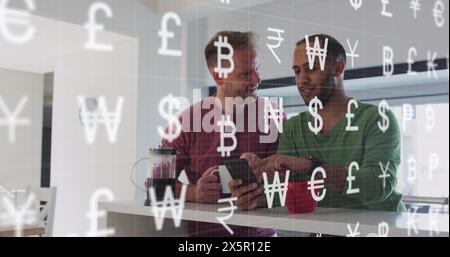 Image of mathematical formulae over friends using microscope Stock Photo
