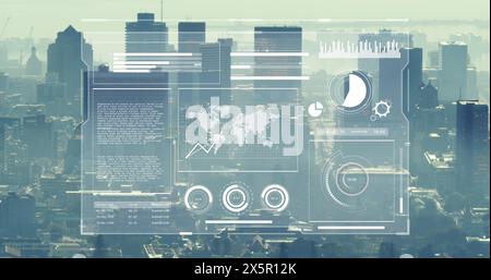 Image of graphs, map, loading circles and bars over aerial view of cityscape Stock Photo