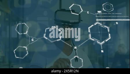 Image of data processing and media icons over biracial man using vr headset Stock Photo